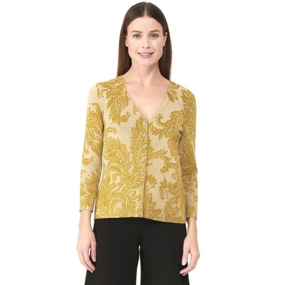 The Limited Womens Yellow Floral Paisley V-Neck Button Front Cardigan Sweater M